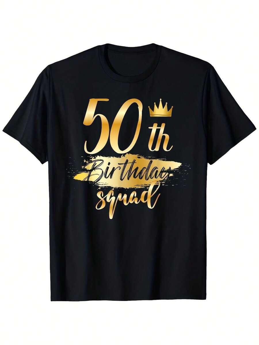 50th Birthday Team Crew Neck T-Shirt - Unisex Cotton Casual Short Sleeve With Golden 50th Birthday Print, Crew Neck, Stretchy And Comfortable, Suitable For Outdoor Parties, Birthdays, And Celebrations, Birthday Shirt - 黑色 - 查看 1