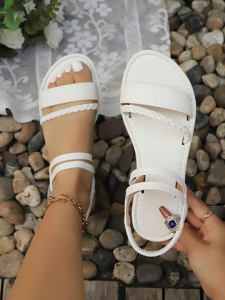Summer Bohemian Style Strap Slip-On Flat Sandals, Versatile Open Toe Roman Sandals In Brown, Khaki, Black, Olive Green