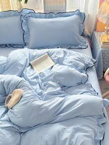 荷叶边黑色公主风床上用品套装（1个被套+2个枕套），柔软舒适的100%涤纶面料，适用于卧室、客房，是馈赠佳品。 - 淺藍色 - 查看 6