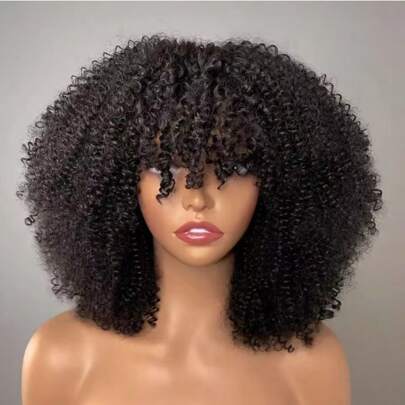 Density Pro Afro Kinky Curly Bob Wig With Bangs Human Hair Fluffy Curly Bob Bang Wigs Glueless Wear And Go Bob Wig Natural Black