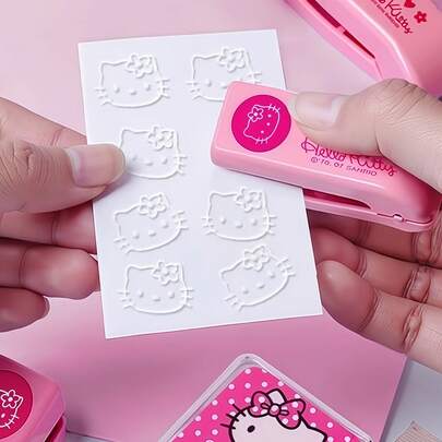 SANRIO 三丽鸥 Hello Kitty 粉色可爱猫咪手动压花工具和箔纸盒套装，学校和办公用品书籍装饰，返校礼物包装纸压花印章，母亲节，情侣，生日礼物包装纸压花（用力按压图案更明显）