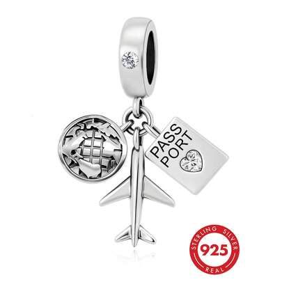 HuooNew 1件925纯银旅行吊坠，地球和飞机造型串珠，适合搭配手链，低过敏材质，是送给旅行爱好者的完美礼物。