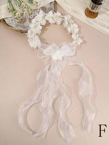 1pc Girls' First Communion Hair Accessory, Flower Crown With White Flowers, Pearls, Tulle And Ribbon Decor For First Communion Wedding Flower Girl - Multicolor - View 12