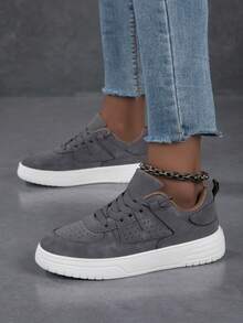 女士休闲帆布鞋，时尚百搭白色平底鞋，轻便舒适的运动鞋 - 深灰色 - 查看 4