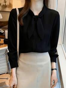 Solid Color Front Button Casual Loose Summer Shirt With Ribbon Collar Black - Black - View 5