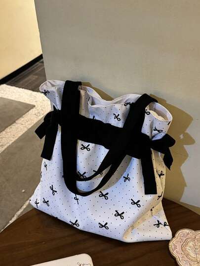 1 chiếc túi tote vải canvas chấm bi nơ xinh xắn dành cho bé gái, túi đeo vai cỡ lớn tiện dụng cho công sở, túi xách học sinh, phù hợp cho đi làm hàng ngày, đi học, du lịch, mẫu mới Xuân/Hè 2026 theo phong cách Ins, món quà lý tưởng cho bạn gái, mùa tựu trường.