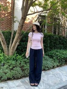 Quần nữ dáng suông bằng vải lanh, kiểu dáng tối giản, hàng mới về, có dây rút, thích hợp cho mùa xuân/hè. - Xanh đậm - Xem 4