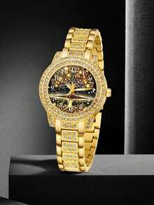 Set di 6 pezzi di orologio elegante da donna, set di gioielli placcati in oro di lusso con strass (include orologio, braccialetto, collana, orecchini e anello), regalo popolare e accessorio dorato scintillante. Design elegante, con strass dorati incastonati, adatto per il pendolarismo quotidiano, appuntamenti e shopping. Regalo per le vacanze, regalo di compleanno - Multicolore - Visualizzare 4