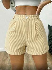 Women's Striped Shorts With Pocket, Button, And Zipper, Ideal For Everyday Wear. - 淺褐色的. - 查看 1