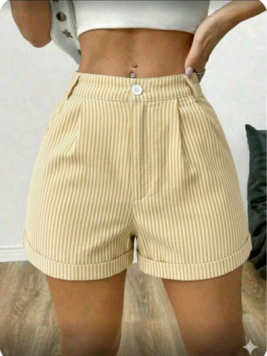 Women's Striped Shorts With Pocket, Button, And Zipper, Ideal For Everyday Wear. - 淺褐色的. - 查看 1