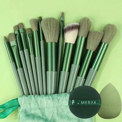 16pcs Green Makeup Brush Set + 1pc Foundation Brush + 2pcs Random Color/Shape Makeup Sponges, Suitable For Eyeshadow, BB Cream, Concealer, Soft Multi-Functional Makeup Tools, Makeup Brush Set For Women, Makeup Brush Set, Complete Makeup Kit, Makeup Brush Set, Full Makeup Set, Makeup Brush Set, Makeup Gift Set,Giveaways,Professional Makeup Brushes,Complete Makeup Set