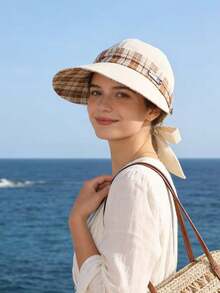 1pc Women's Large Brim Tied Back Sun Hat, Summer UV Protection Wide Brim Bucket Hat, Patchwork Bow Tie Beach Sun Hat, Suitable For Daily, Vacation, Beach, Hiking,Holiday,Travel - Multicolor - View 4