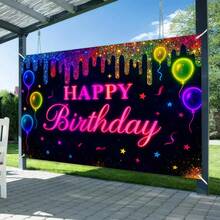 - Bandera de neón de feliz cumpleaños de 71 x 43 pulgadas que brilla en la oscuridad, decoración de fiesta, globos coloridos estrellas, suministros para fiestas de cumpleaños, accesorios - 1 - Ver 3