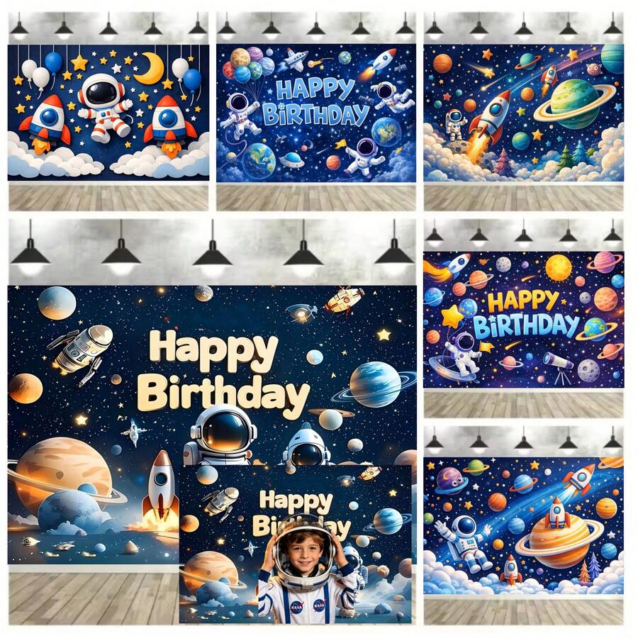 2D 平面太空主题生日装饰横幅背景,外太空派对背景,宇航员火箭星球装饰,适用于生日派对、主题派对、家居花园装饰、儿童室内/室外拍照道具、派对横幅,乙烯基材质 - 彩色 - 查看 1
