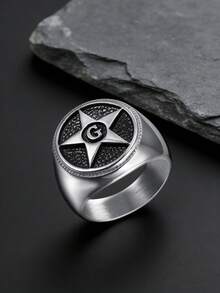 1pc Men's Stainless Steel Star G Letter Signet Ring Vintage Punk Biker Ring For Daily Wear Party Gift - Ring - View 3