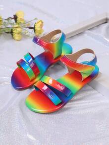 女童彩虹渐变露趾平底凉鞋，可爱踝带夏季鞋，魔术贴舒适休闲凉鞋 - 彩色 - 查看 7