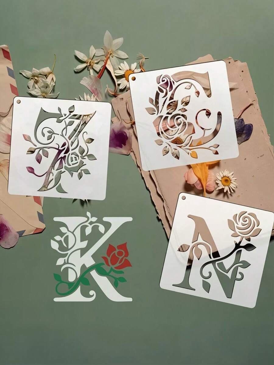 36pcs Floral Letter Stencils, 4.0in Reusable Rose Letter Painting Stencils For Wall Stickers, Decals, Pillows, T-Shirts, Engraving, Etching, Plates, Glasses, Napkins, Coasters, Wallets, Clothes, Cards, Scrapbooks, Fabric Transfers, Tote Bags, Notebooks - A - View 1
