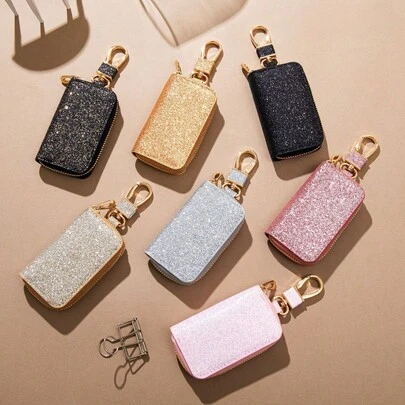 1 PC Premium Leather Mini Car Key Case With Sparkling Star Pendant, Universal Key Organizer For Men Women, Stylish Bling Car Key Bag With Keychain Hook For Decoration & Storage