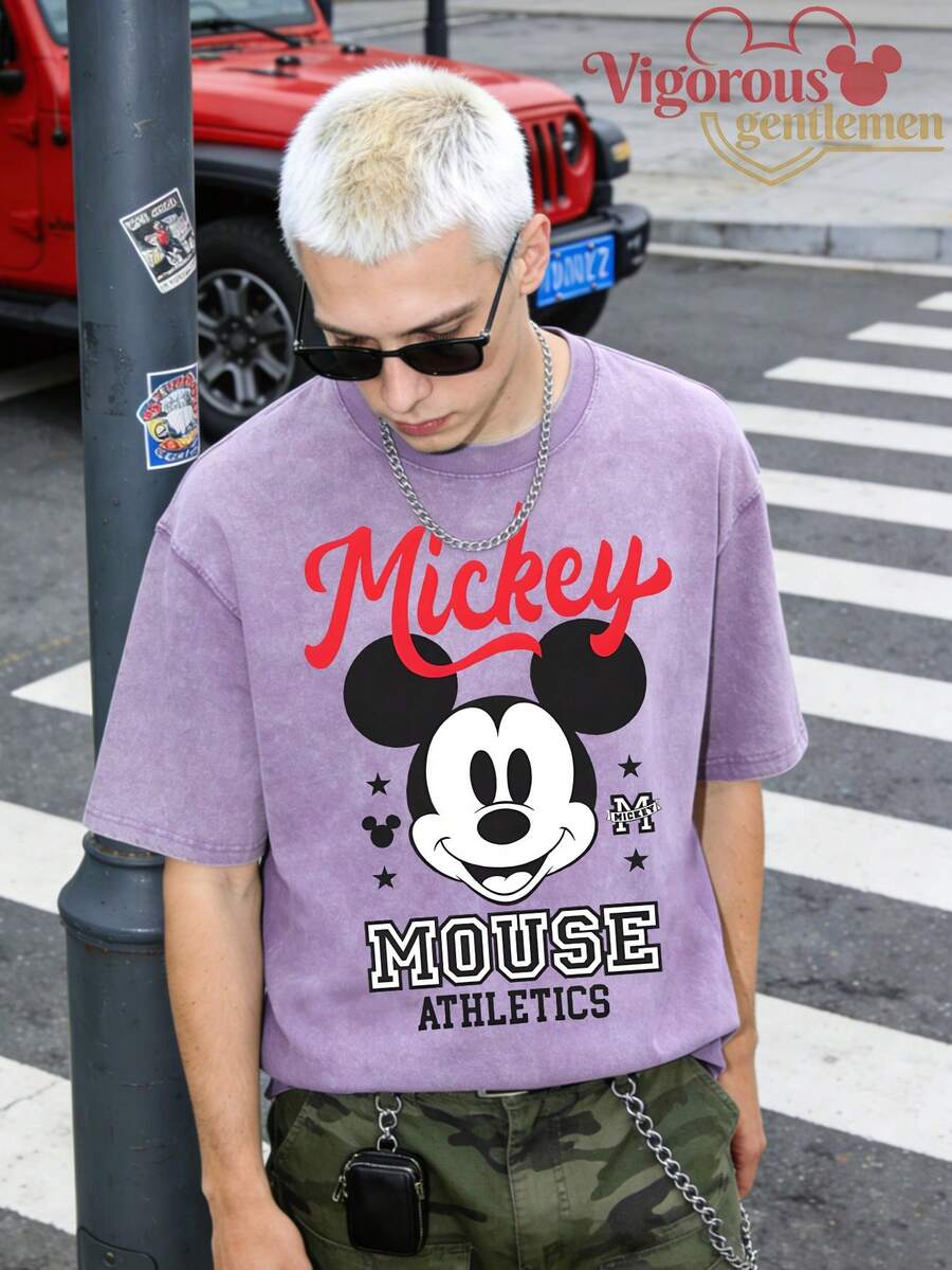 Unisex Short Sleeve T-Shirt, Disney Mickey MOUSE ATHLETICS Print Short Sleeve, Summer Travel Short Sleeve - Mauve Purple - View 1