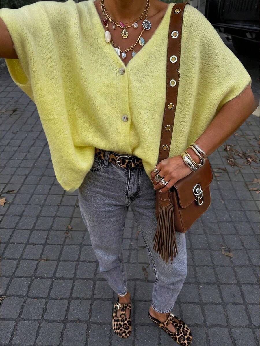 Spring/Summer New V-Neck Button Short Sleeve Oversized Knit Cardigan, Women Casual Music Festival Holiday Lightweight Sweater Cardigan, Valentine's Day Gift - Gentle Pink - View 1