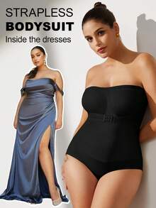 1 pieza Mono sin tirantes sin costuras para mujer talla grande, con tirantes desmontables, efecto estilizante y moldeador, color negro, para verano - Negro - Ver 6
