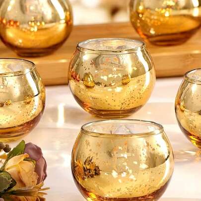 1pc Gold Round Glass Candle Holder, Suitable For Wedding Table Decor, Birthday Party Celebration, Home Room Decoration