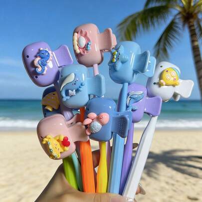 Summer Ocean Animal Series Dopamine Toothbrush Travel Set - Home/Travel Dustproof Toothbrush Cover, Portable Toothbrush Head Cover, Essential Bathroom Toothbrush Clip For Home And Outdoor Travel, Portable Toothbrush Storage Box.