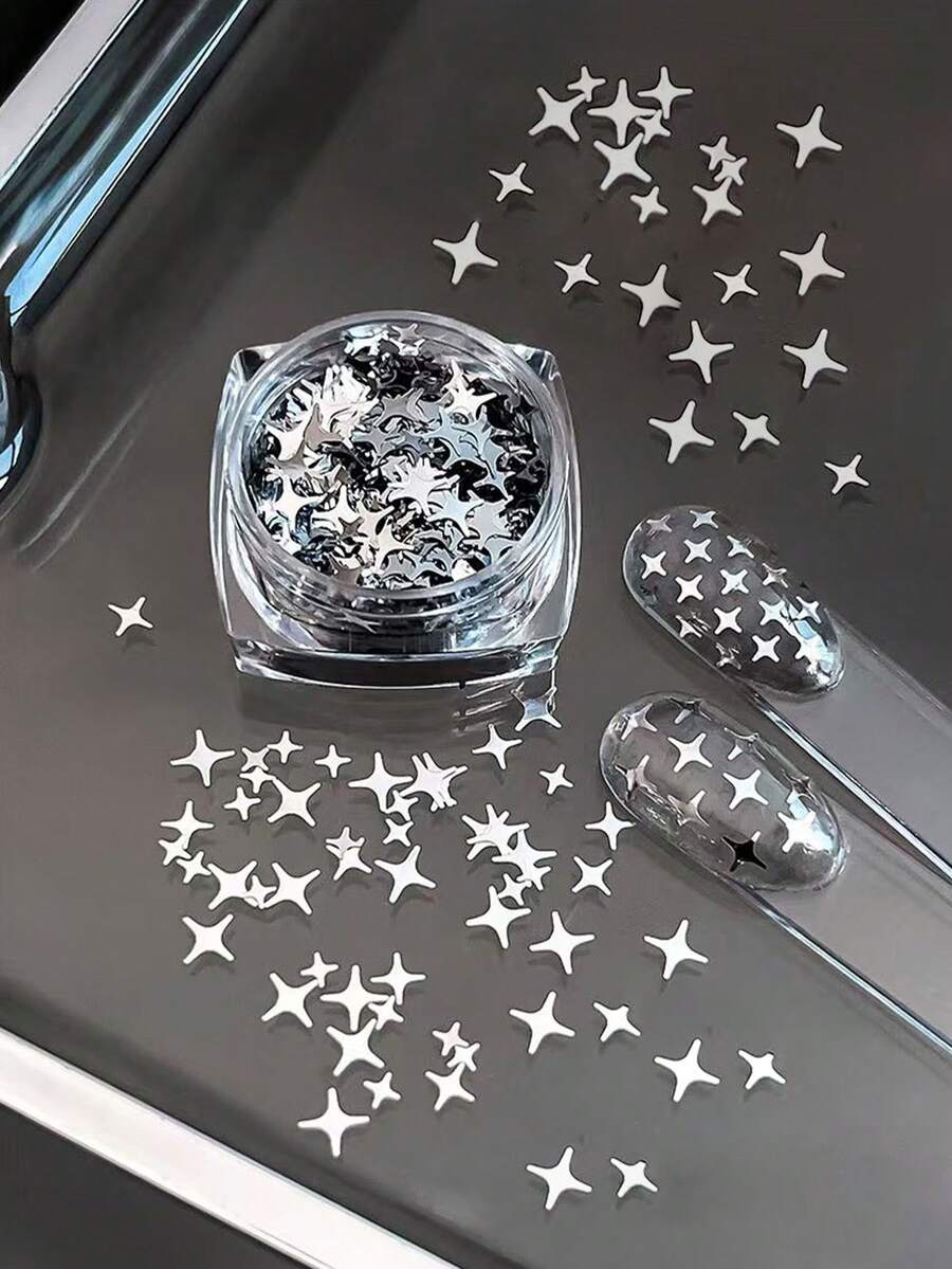 Hộp sticker dán móng tay hình ngôi sao bạc nhiều kích cỡ, hình ngôi sao 4 cánh hỗn hợp nhiều kích cỡ, phụ kiện trang trí móng hình chữ thập cho móng giả. - Nhiều màu - Xem 1