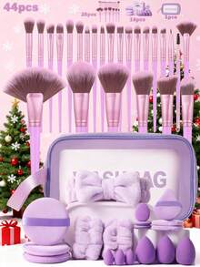 Bộ dụng cụ trang điểm 44 món bao gồm: Bộ 25 cọ trang điểm + 1 túi đựng mỹ phẩm và đồ dùng cá nhân đa năng có khóa kéo chống thấm nước + 1 băng đô cài tóc + 3 bông phấn tròn + 2 dây đeo bát trang điểm + 3 bông phấn mini dạng cushion + 3 bông phấn tam giác + 3 mút trang điểm mini + 3 mút trang điểm, tất cả trong một & thân thiện với người mới bắt đầu | Sẵn sàng mang theo du lịch & thích hợp làm quà tặng | Hoàn hảo cho người mới bắt đầu/phụ nữ. - Màu Lilac Tím - Xem 1