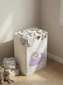 1 pièce Grand panier à linge pliable avec poignée en bois, imprimé avec motif poney, panier à linge pliable durable pour salle de bain, nurserie, panier de rangement polyvalent - Multicolore - Voir 4