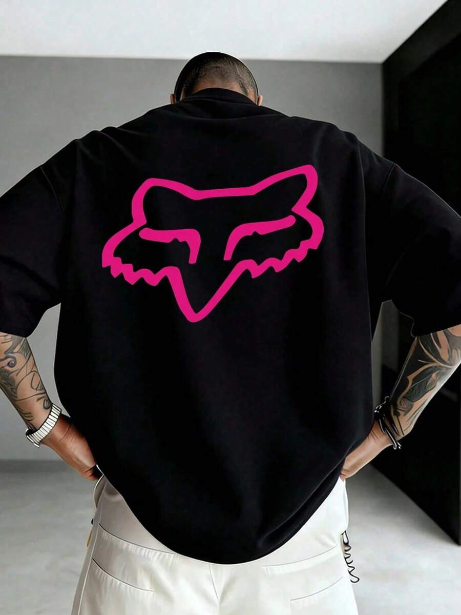 Men's T-Shirt, European And American Street Style, Off-Road, Pink Fox Head Print T-Shirt, F-O-X Racing, Casual Short-Sleeve 220g Pure Cotton T-Shirt, Loose Fit, Summer Street Style T-Shirt, Outdoor Sports T-Shirt, Machine Washable, A Must-Have For Outdoor Enthusiasts, Available In Men's And Women's Styles, B-A-D Bunny T-Shirt, Men's T-Shirt, Men's Summer Shirt, Men's Short-Sleeve T-Shirt, Men's Clothing, Men's T-Shirts, Men's Summer - 黑色 - 查看 1