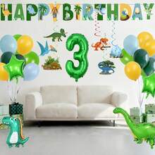 Juego de decoraciones de fiesta de cumpleaños de dinosaurio, banderas de tercer cumpleaños, globos, serpentinas colgantes de remolino, multicolor - 1 - Ver 7