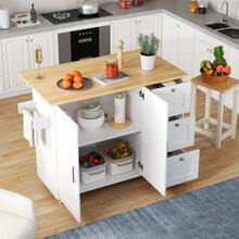 Large Mobile Kitchen Table 135 X 44 (70) X 90 Cm, Oak Countertop, Folding Design, Multifunctional Cabinet, 3 Drawers, Towel Rack, Suitable For Kitchen, Dining Room And Home. - White - View 12