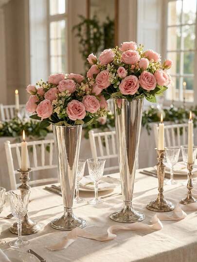 Bình hoa kim loại màu bạc thanh lịch, vật trang trí trung tâm bàn tiệc cưới lãng mạn dưới ánh nến và trang trí nhà cửa, quà tặng cho bạn thân nữ, quà tặng mùa đông.