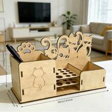 Creative Cat Wooden Desktop Storage Box, Multifunctional Pen Holder & Stationery Organizer - Apricot - View 4