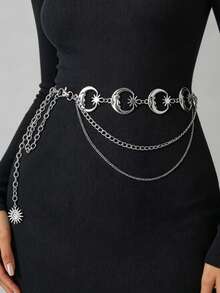 1 pieza Vestido con diseño de media luna multicapa y cadena de metal para la cintura para mujeres, para el verano y la escuela - Plateado - Ver 8