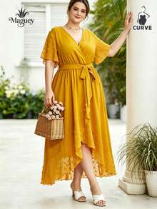 Plus Size Casual Dresses For Women, Plus Size Dresses With Elastic Waist And V-Neck For Ladies, Short Sleeve Chiffon Dresses With Polka Dot Jacquard, Suitable For A Cool And Casual Everyday Summer - 黃色 - 查看 3