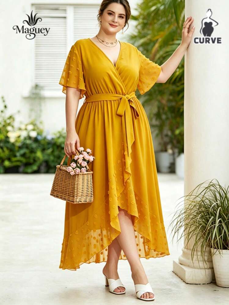 Vestidos de Gasa de Talla Grande para Mujer Con Mangas Cortas Con Volantes, Perfecto para Un Look Casual de Verano Vibrante - Amarillo - Añade 3