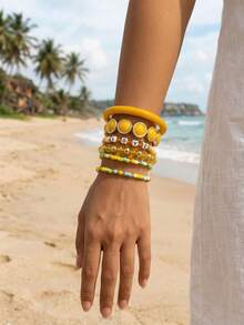 6 pièces Bracelets bohèmes à perles avec lettres "AMOUR", convient pour la plage, les vacances, le port quotidien décontracté, accessoire d'été - Jaune citron - Voir 1