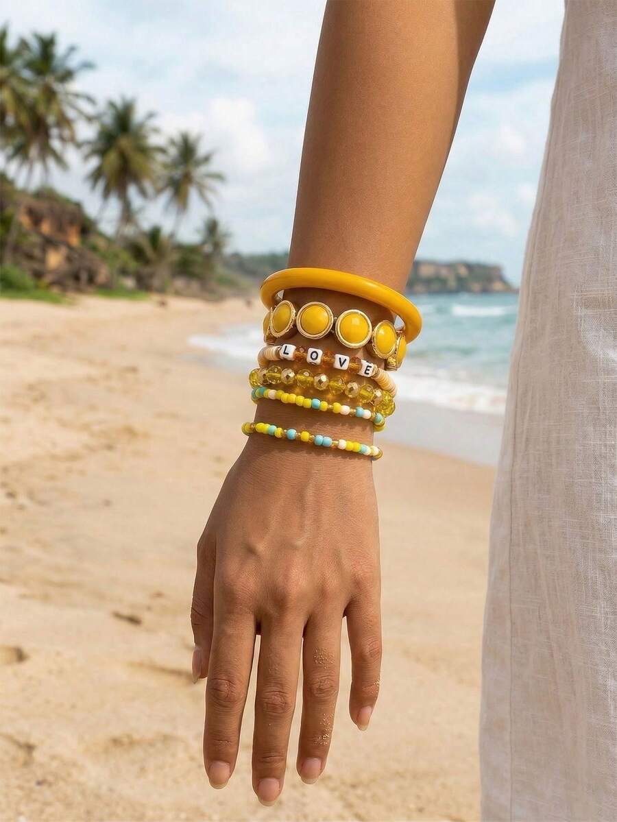 6 pièces Bracelets bohèmes à perles avec lettres "AMOUR", convient pour la plage, les vacances, le port quotidien décontracté, accessoire d'été - Jaune citron - Voir 1
