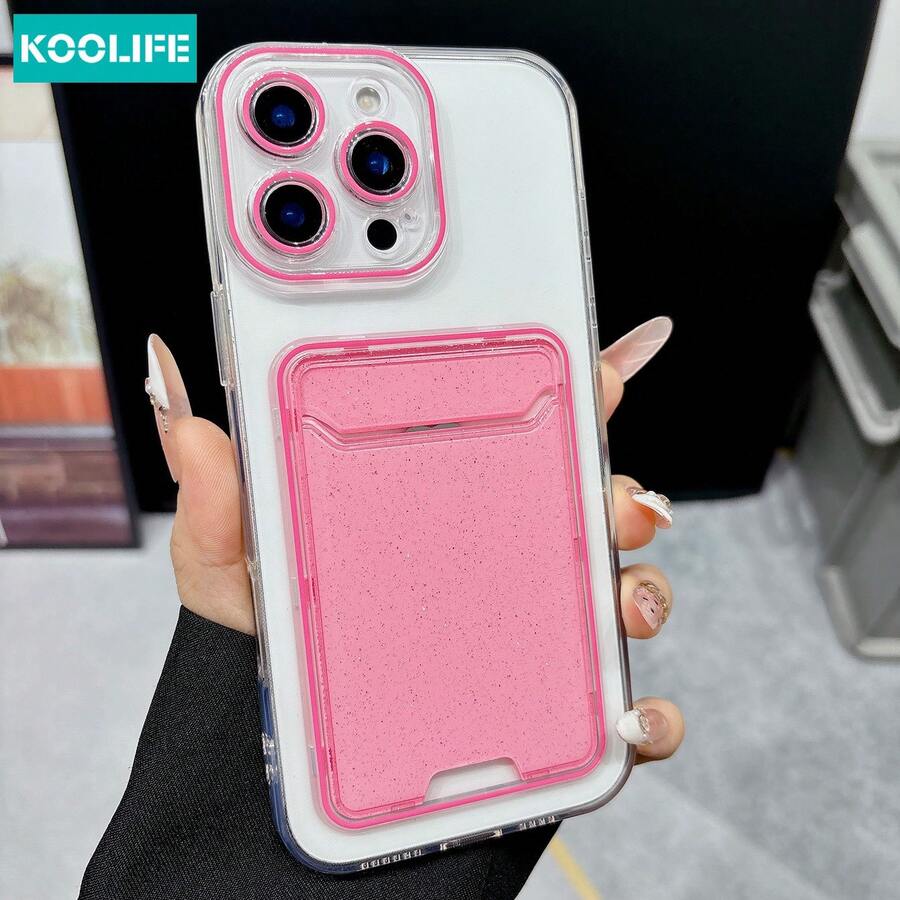 Koolife 1pc Pink Transparent Card Slot Phone Case, Precise Cutouts, Full Protection, Minimalist Soft TPU Material, Suitable For IPhone 11 12 13 14 15 16 17 Pro Max Plus, Cute Minimalist Design, Suitable For Daily Use And Gifts