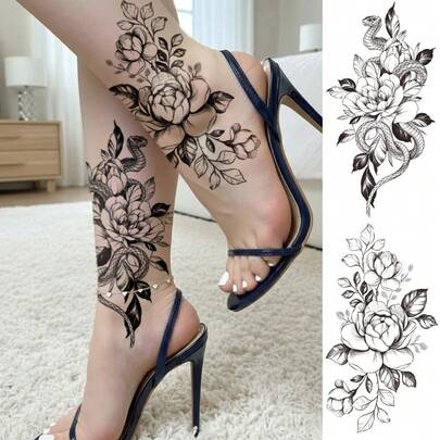 2 Sheets Big Size Body Art Temporary Tattoo Stickers For Women, Black Flower Snake Mixed Pattern, Waterproof Fake Tattoo, Lasts 2-5 Days, Covering Scars,Can Be Used On Arms Wrist Shoulders Legs Waist Neck Hand Chest Thighs Finger Ankle, Suitable For Parties, Gifts, Vacations, Body Decoration