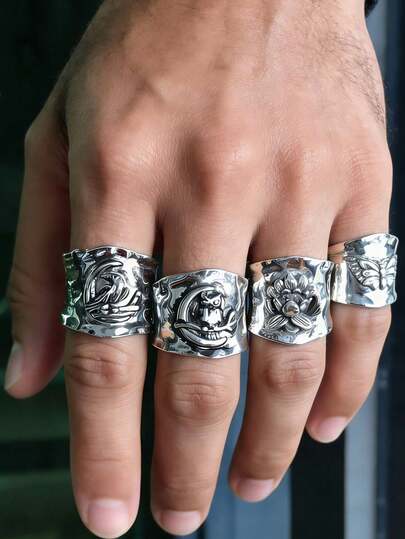 Set de 4 anillos de estilo gótico vintage con diseños de búho, mariposa, pájaro y flor de loto, unisex, con diseño en relieve, regalo de joyería ideal para fiestas