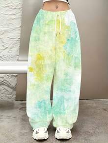 Casual Loose Fit Wide Leg Pants Light Green And Yellow Watercolor Print Sweatpants For Women Comfortable Drawstring Waist Pants Suitable For Leisure And Sports Activities - 彩色 - 查看 2