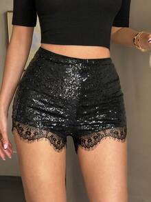 Quần short đen đính sequin viền ren, quần short cạp cao lấp lánh, quần short gợi cảm dành cho nữ dự tiệc và đi club mùa hè. - màu đen - Xem 2