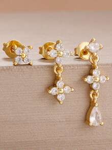 Set de 3 piezas de aretes colgantes con flor enchapada en oro y circonita, aretes delicados y con capas, adecuados para uso diario, oficina, boda y ocasiones de cumpleaños - Conjunto de pendientes con borlas y pétalos - Ver 3