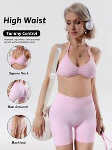 Women's Summer 2 Pieces Pink Top And High-Waisted Shorts Set, Suitable For Sports, Yoga, Pilates, Gym, Running - Pink - View 2