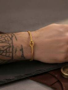Set de 2 piezas Pulseras de acero inoxidable plateadas sencillas, versátiles y de moda para hombres - Dorado - Ver 2