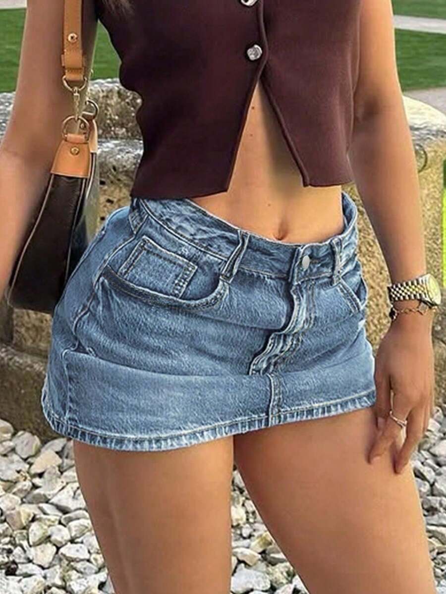 New Arrival Sweet & Spicy Y2K Denim Mini Skirt With Multiple Pockets - Light Wash - View 1