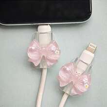 2 Stücke transparente Blumen-Schleifen-Blitz (5-14) Typ-C Kabel Schutz - langanhaltend, bruchfest, modisches Smartphone-Zubehör Design - Kunststoff Kabel Schutz mit süßer Schleifen-Dekoration, Ladekabel Schutz - Verschiedenfarbig - Übersicht 1